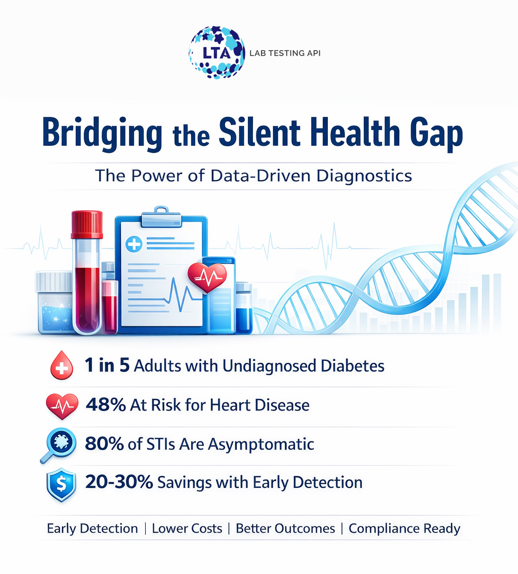 Healthcare infographic on early lab testing, preventive diagnostics, and cost reduction through data-driven healthcare.
