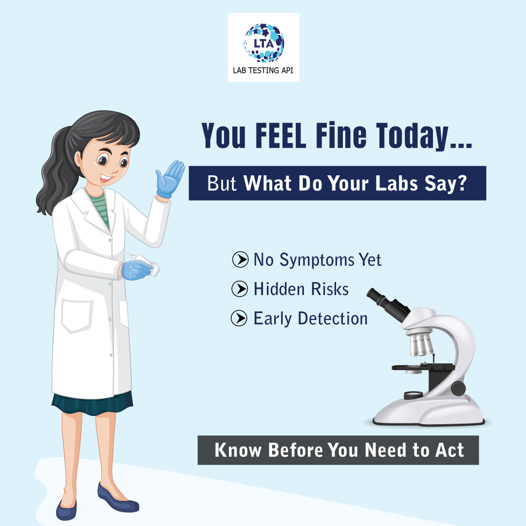 Minimalist healthcare graphic highlighting the importance of early lab testing and data-driven diagnostics, emphasizing how many health conditions develop silently before symptoms appear and why early testing enables better decisions and outcomes.