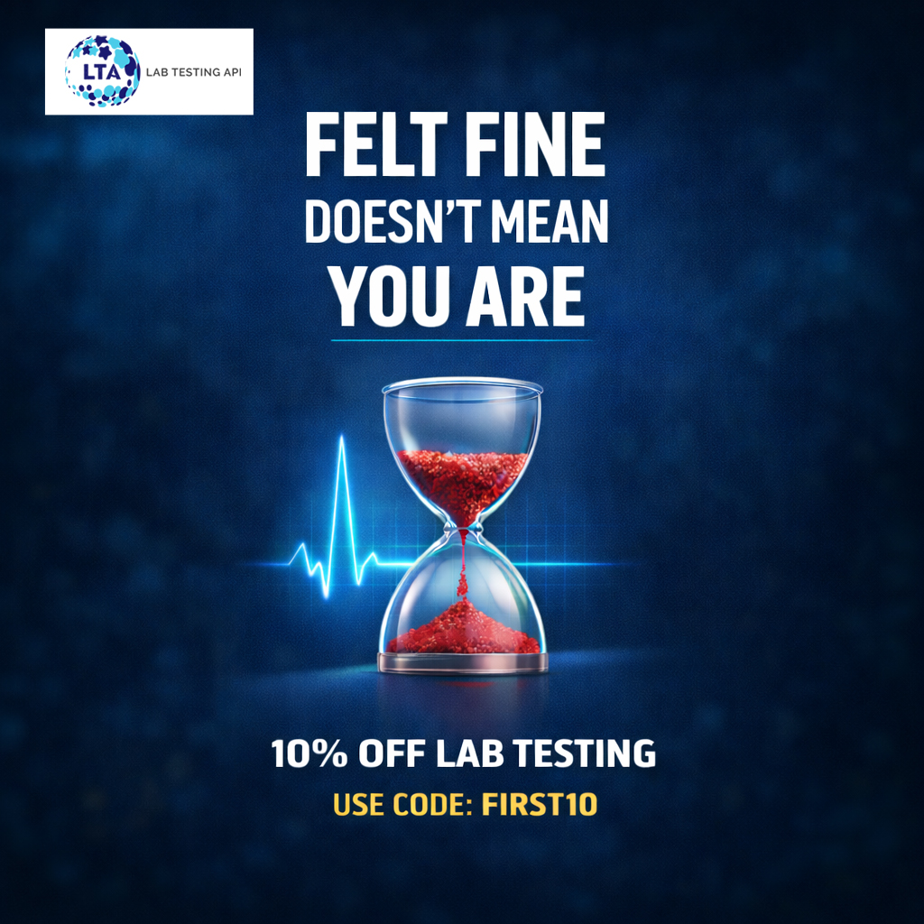 Minimal health awareness graphic about early lab testing and silent health risks.