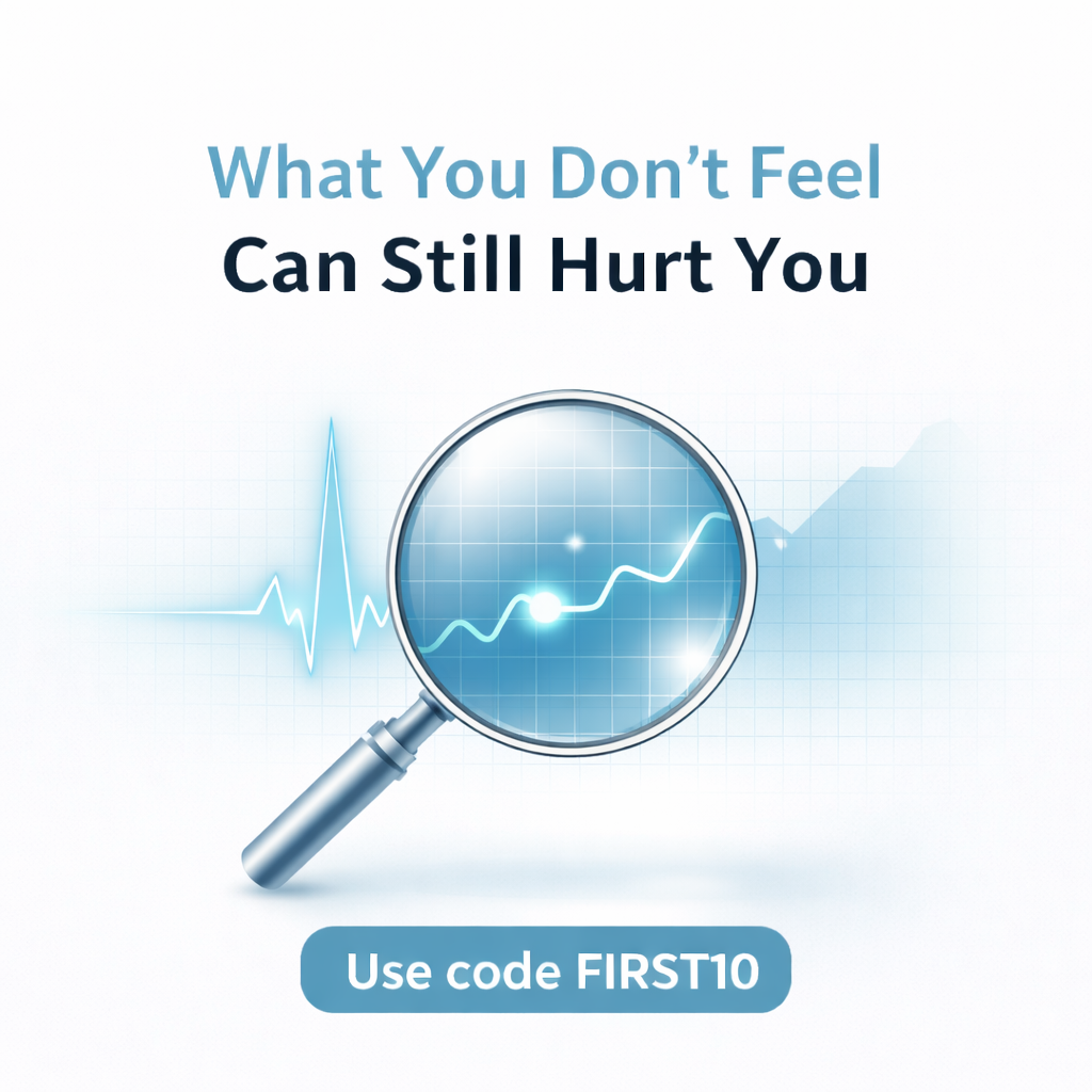 Minimalist healthcare graphic showing a magnifying glass examining data points, symbolizing early lab testing and the detection of hidden health risks before symptoms appear.